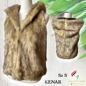KENAR - Sz S - faux fur soft fuzzy hooded lined vest - inside button pocket